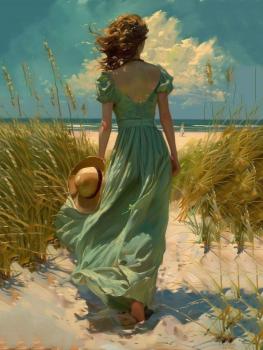 A woman wearing a green dress walks towards the seaside